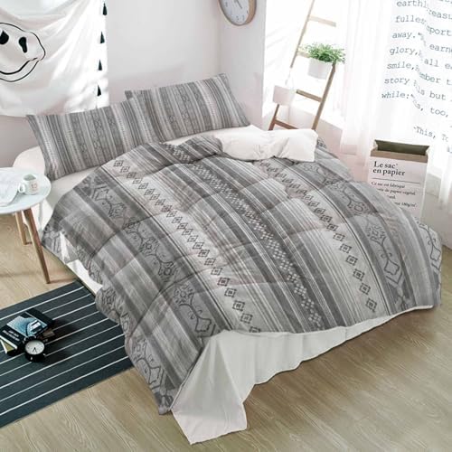 Duvet Cover Set Queen, Boho Abstract Ethnic Gray Geometric Pattern