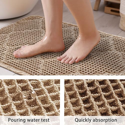 ZALL Tan Waffle Bath Mat,Super Absorbent Non Slip Bathroom Rug,Brown