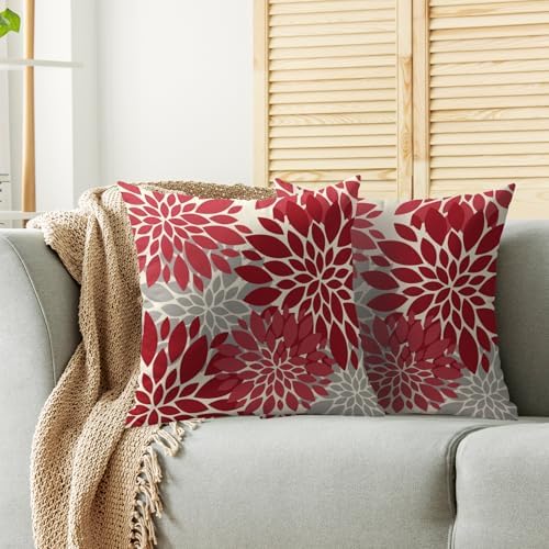 Red Christmas Pillow Covers 18X18 Inch Set of 2, Dahlia Flower Spring
