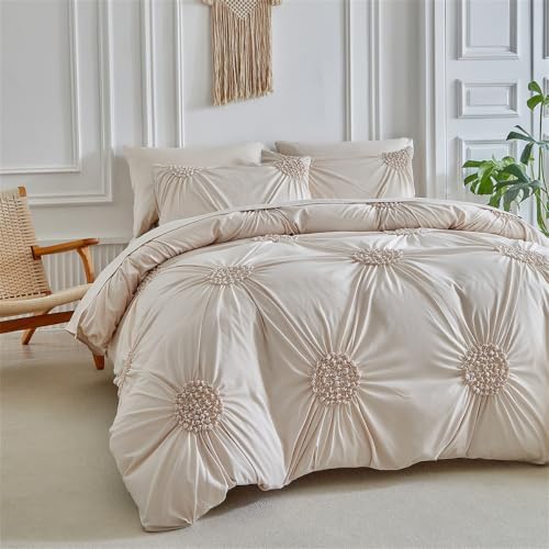 Tufted Queen Duvet Cover Set, 3 Pieces Solid Color Pinch Pleat