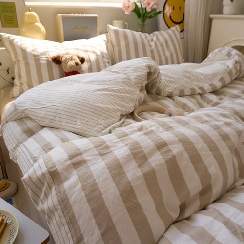 EAVD Retro Striped Duvet Cover Set Twin XL Khaki White Washed