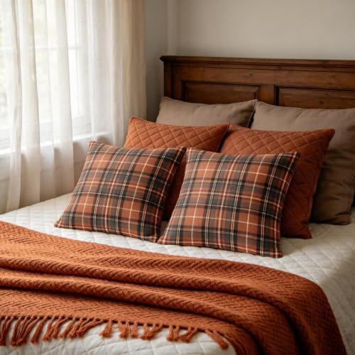 Plaid Fall Throw Pillow Covers 18x18 Set of 2 Burnt Orange Grey Tartan