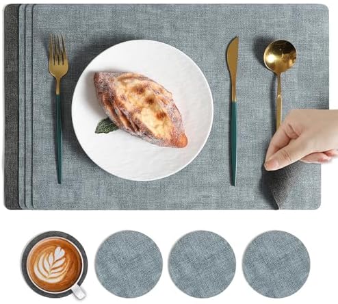 Place Mats Set of 6, Light Gray Leather Table Mats, Washable