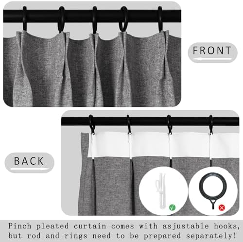 Macochico 100% Blackout Gray Linen Curtains 84 Inches Long Pinch