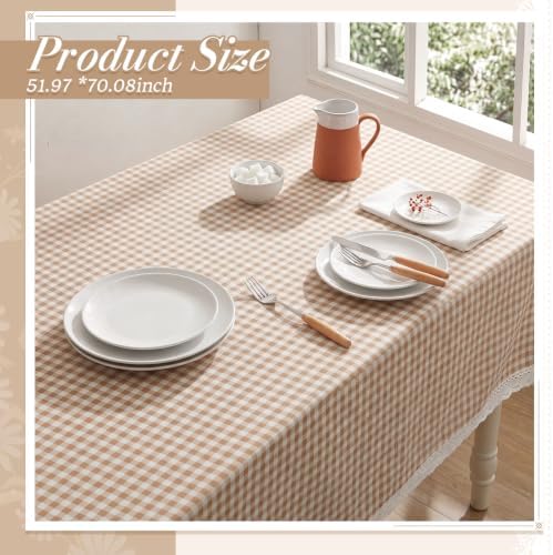 Moukeren 52 x 70 Inch Taupe and White Gingham Tablecloth with Lace