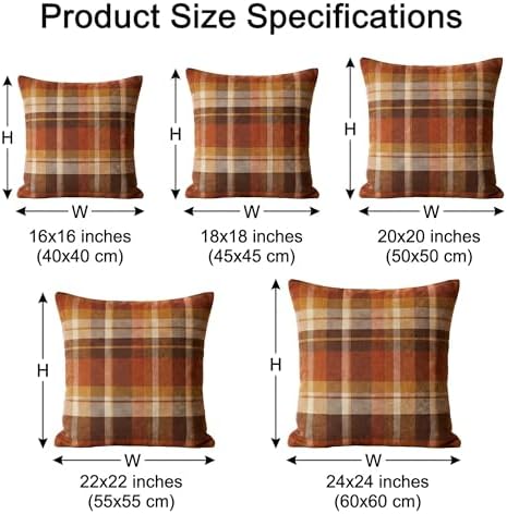 Fall Plaid Pillow Covers 22x22 Inch Orange Brown Checkered Throw