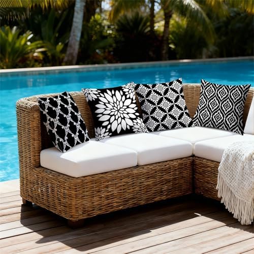 Outdoor Waterproof Throw Pillow Covers 18x18 Set of 4 Black and White