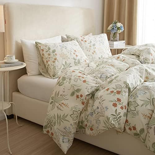 EAVD Reversible Botanical Floral Duvet Cover King White Soft Cotton