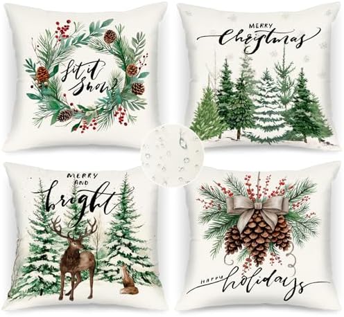 Lanpn Outdoor Christmas Throw Pillow Covers 20x20 Set of 4, Forest