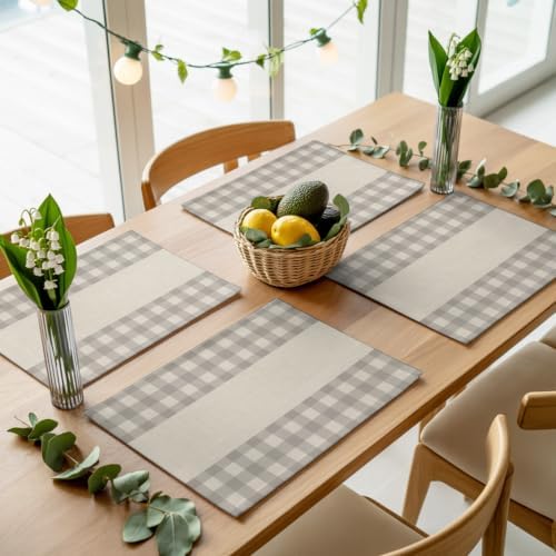 Retro Grey Placemats Set of 8, Cotton Linen Fabric Place Mats