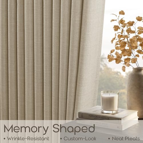 Oatmeal Pleated Semi Sheer Linen Farmhouse Curtains 84 Inches 2 Panels