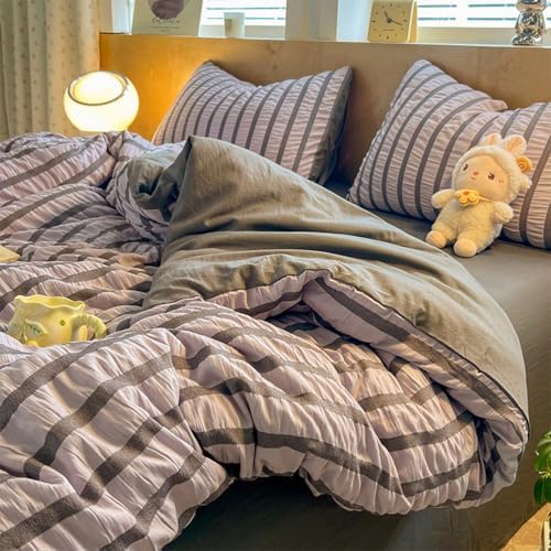Comfort Washed Cotton Striped Duvet Cover Set, Super Soft Seersucker