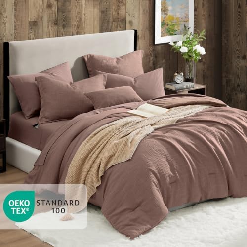 Full Comforter Set - 7 Pieces Solid Bedding Sets Textured Bed in a Bag