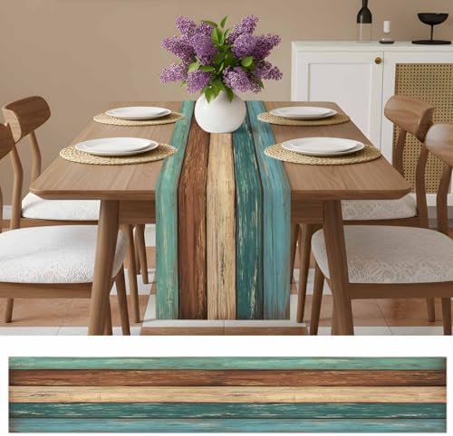 Cotton Linen Table Runner Dresser Scarves Retro Rustic Barn Wood&Teal
