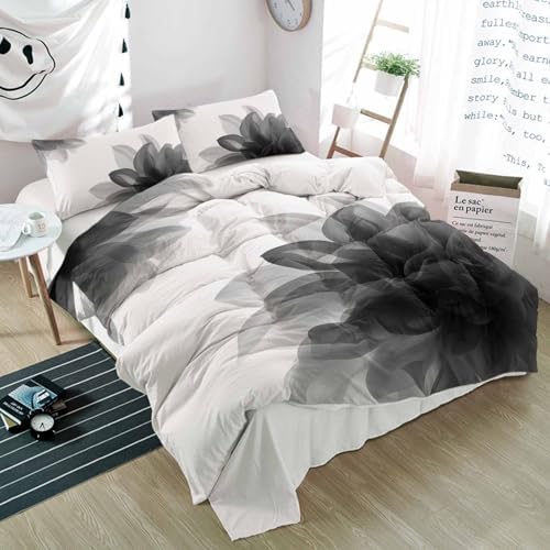 Duvet Cover Set Full, Abstract Gray Floral Flower on White 3 Piece