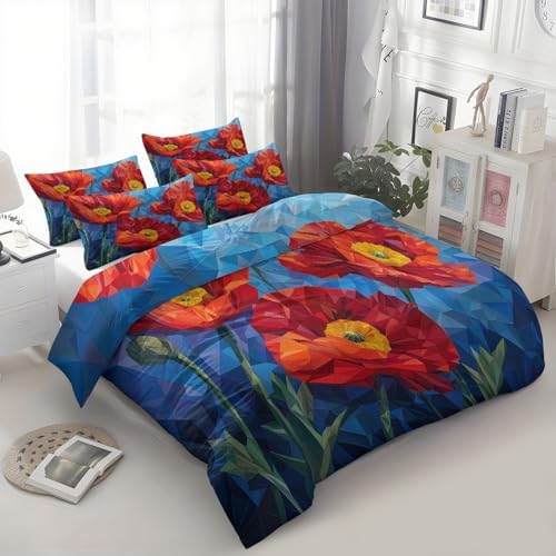 Queen Duvet Cover Set Cubism Geometry Floral Bedding with Reversible