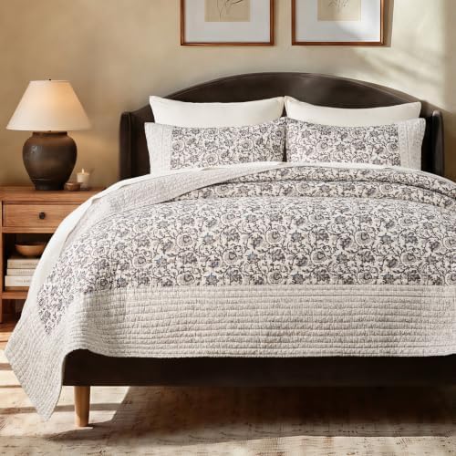 EverGrace 100% Cotton Floral Quilt Set, King Size, Taupe Warm Gray
