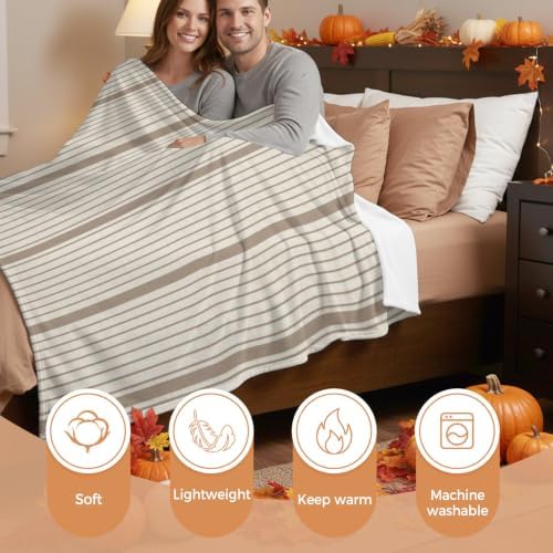 Beige Stripes Blanket Plush Cozy Fuzzy Throw Blanket for Couch/Travel