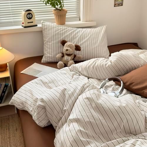 MKXI Twin XL Size Beige Brown Striped Duvet Cover Set - 3 Piece