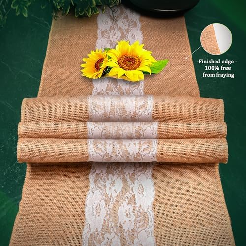 Burlap Lace Table Runner (Pack of 3) – 14”x 72” - No-Fray Finished