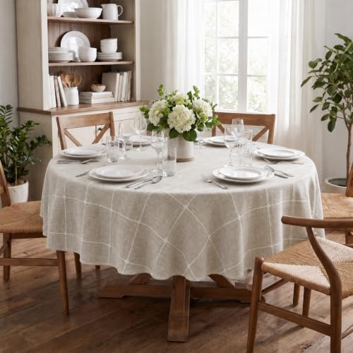 Horaldaily Farmhouse Plaid Tablecloth, Light Coffee, 70×70 Inch Round