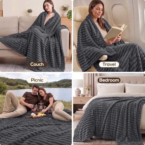 Utopia Bedding Fluffy Striped Fleece Blanket Grey Queen, 90x90 Inches