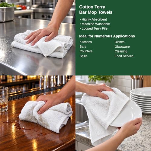 35 Pack White Cotton Terry Bar Mop Towels 16 x 19-100% Cotton, Hemmed