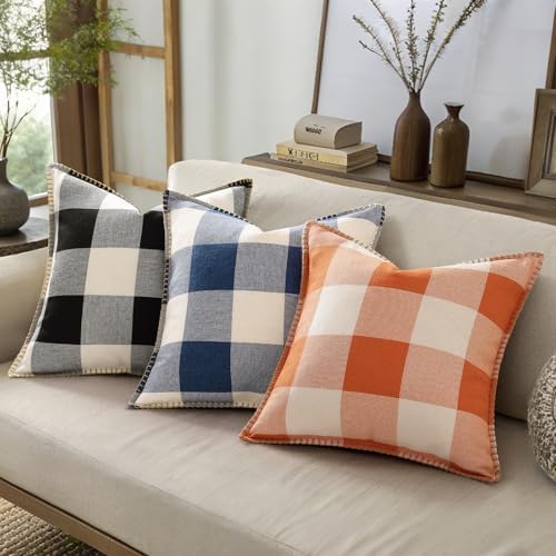 decorUhome Fall Plaid Linen Throw Pillow Covers 22x22 Set of 2 Navy