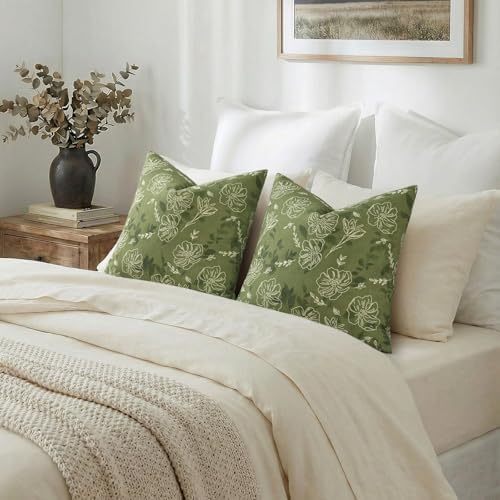 decorUhome Floral Faux Linen Throw Pillow Covers 22x22 Set of 2 Olive