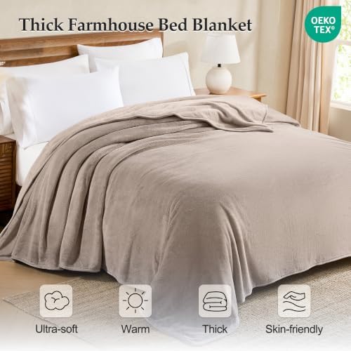 WDCOZY 420GSM Thick Flannel Fleece Bed Blanket, King Size, Beige