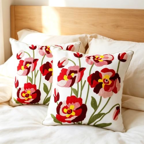 Embroidered Throw Pillow Cover 2PCS 18x18 Inch Floral Cotton Pillow