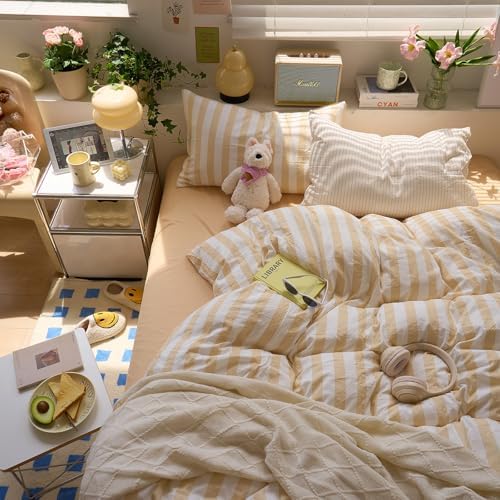 LifeTB Vintage Striped Duvet Cover Set King Size, 3 Pieces Blush Beige