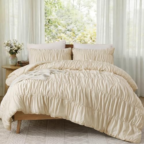 Bedbay 100% Cotton Ruched Duvet Cover Set King Size, Elegant Ivory
