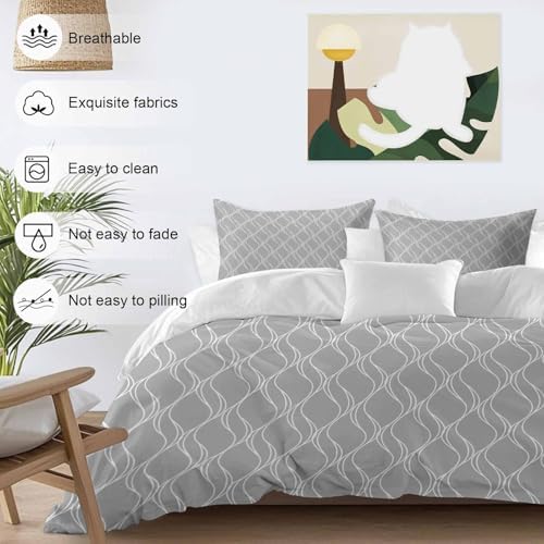Grey White Stripes Bed Duvet Cover Queen Size Bedding Set, Washed