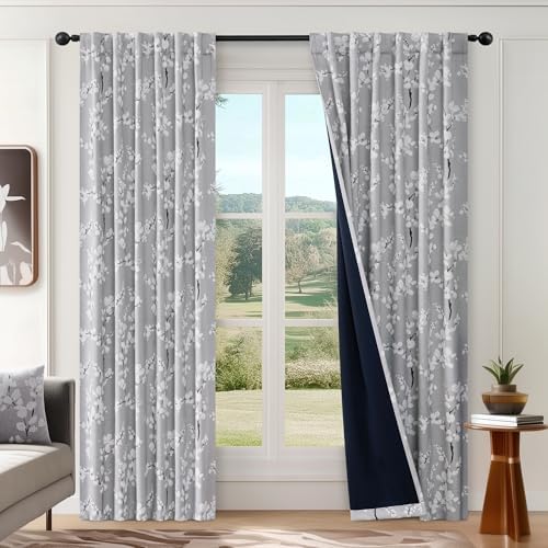 FMFUNCTEX Grey Blackout Floral Curtains for Bedroom, 63 Inches, 2