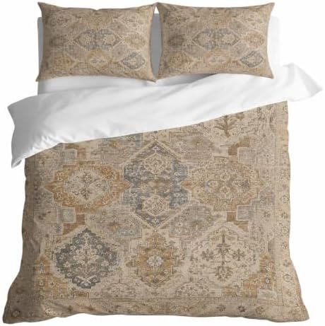 Beige Grey Boho Duvet Cover Set 3 Pieces with Zipper Closure, Vintage