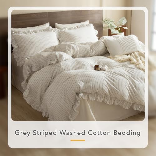 QSH White Dark Grey Wide Stripes Ruffled Duvet Cover Set King