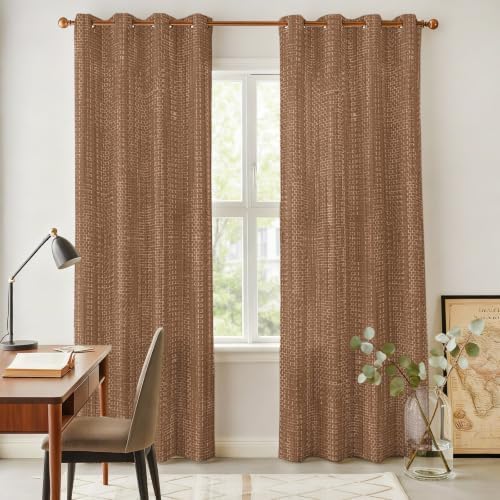 Brown Linen Texture Window Curtains 96 Inch Length 2 Panels Set