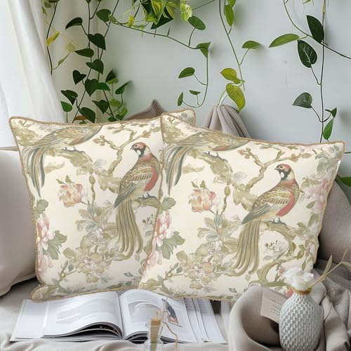 Vintage Bird Floral Soft Velvet Throw Pillow Covers Set of 2 Cream