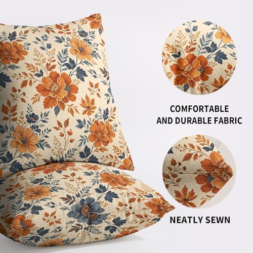 Orange Blue Fall Floral Pillow Covers 20X20 Set of 2, Autumn Colored