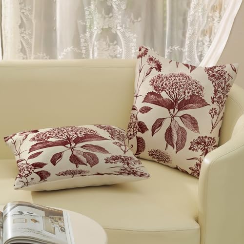 Burgundy Red Pillow Covers 18x18 Set of 2 Vintage Boho Floral