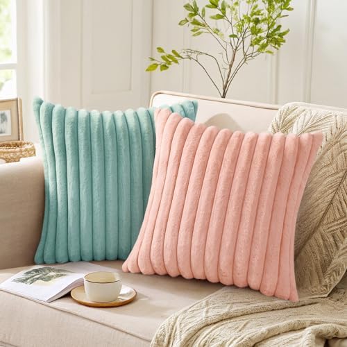 Pallene Faux Fur Decorative Throw Pillow Covers 22x22 Set of 2, Aqua