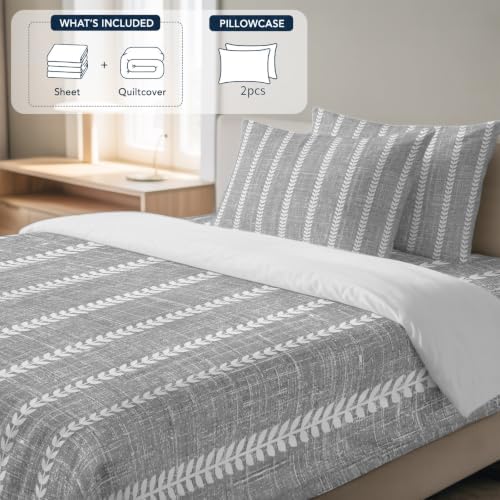 4 Piece Duvet Cover Set for Full Size Bed,Grey Boho Stripe Light Linen