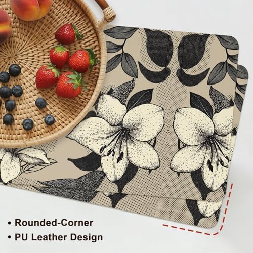 Placemats Set of 6 Vintage Beige Flower Black Leaf Heat-Proof