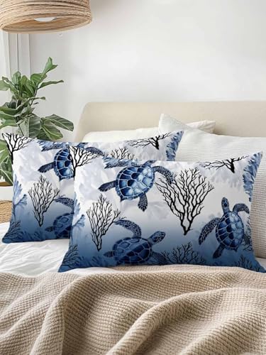 Throw Pillows 12x20 Set of 2, Coastal Sea Turtles Waterproof Outdoor