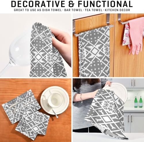 Kitchen Towels and Dishcloths Set, Gray Line Geometric 18 x 28 Inches