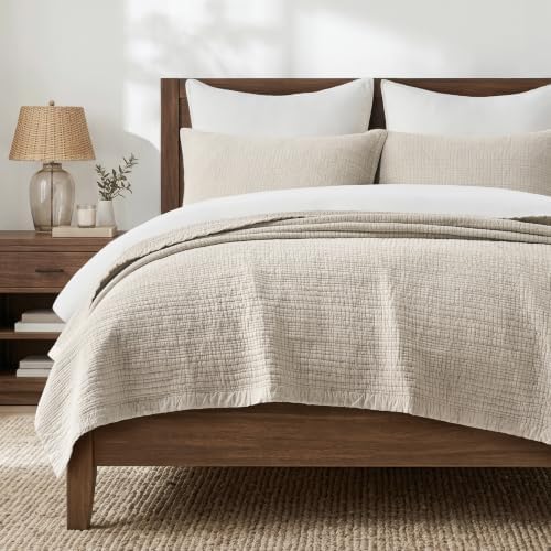 EverGrace Stonewashed Textured Cotton Quilt Set, Queen Size, Flax