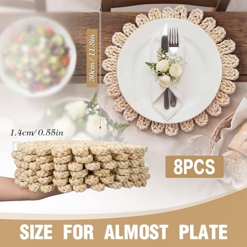 Set of 8 Round Woven Placemats Corn Husk 11.8'', Ruffled