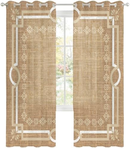 Brown Farmhouse Sheer Curtains 96 Inch Long 2 Panels, Linen Texture