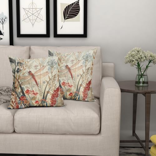 Kawani Summer Dragonfly Pillow Covers 18X18 Inch Red Floral Flower